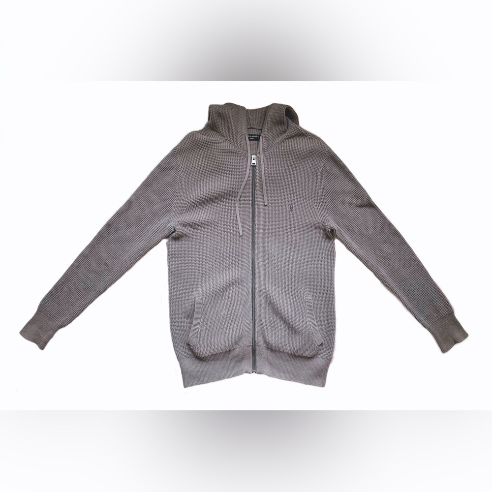 AllSaints Trias Men’s Waffle Knit Zip Hoodie Vintage Feel Casual Streetwear S